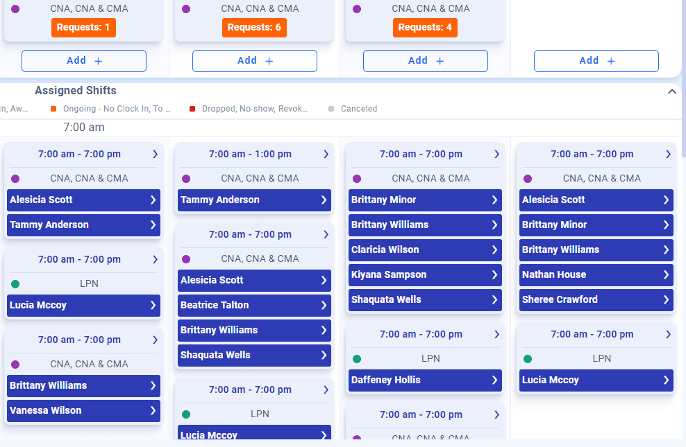 The weekly calendar's assigned shifts, each covered shift listing the clinician assigned to it by name.