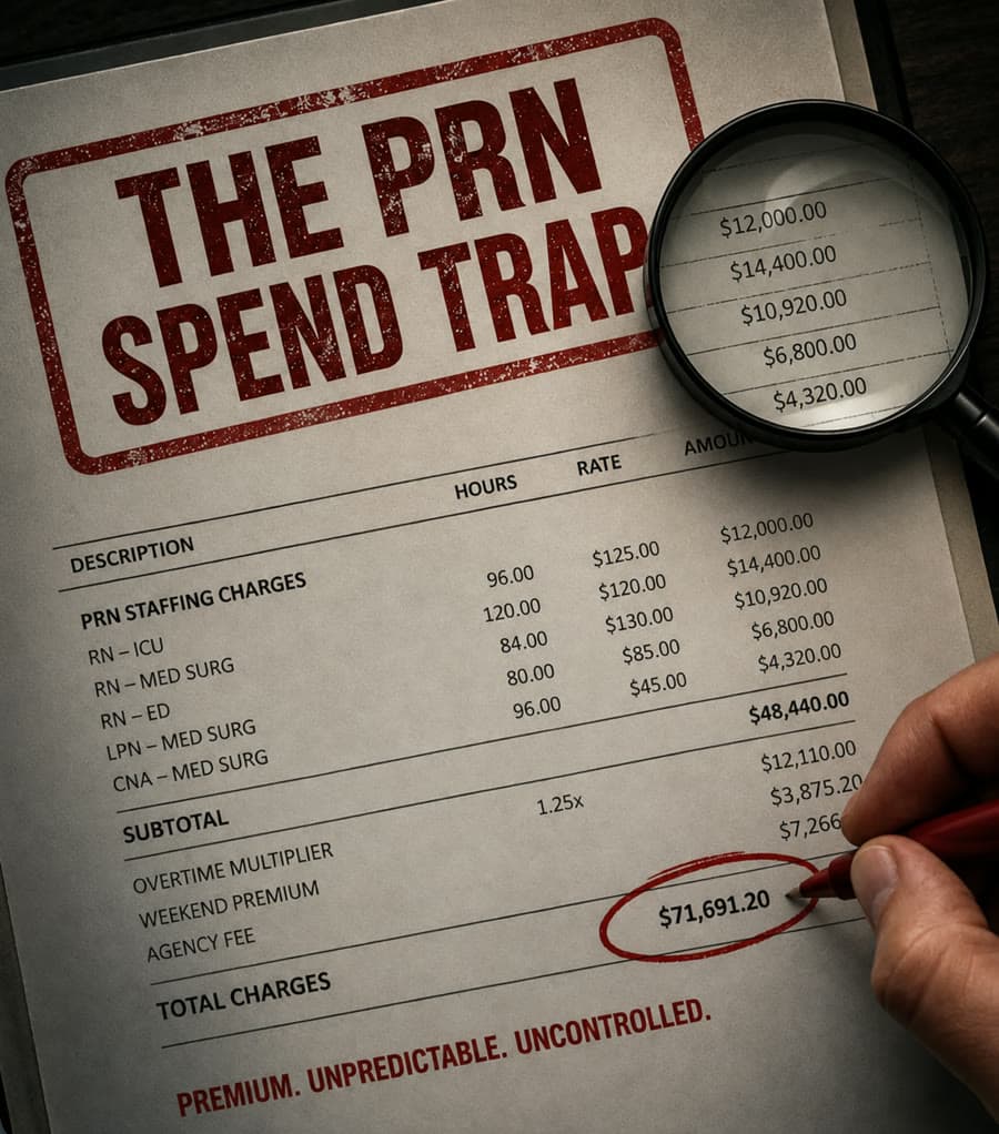 A temporary staffing invoice under a magnifier, its total ringed in red pen, with overtime, weekend premium and agency fee lines above it.